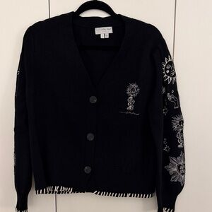 Never Fully Dressed Black Embroidered V-Neck Cardigan with Celestial Motifs